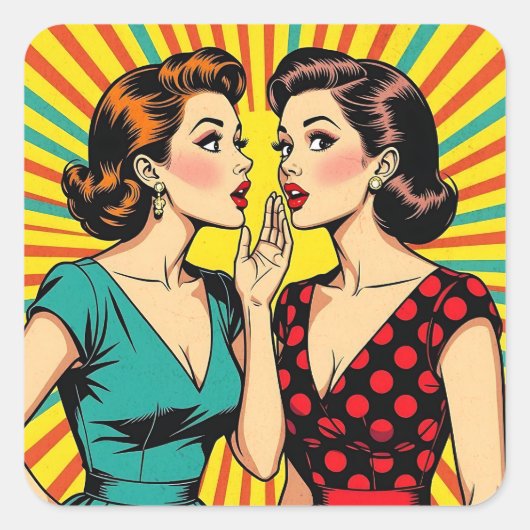 Two Woman Gossiping Telling Secrets Pop Art Vierkante Sticker (Voorkant)