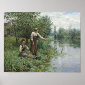 Two Women Fishing on the Grass by the River Poster (Voorkant)