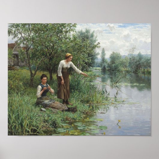 Two Women Fishing on the Grass by the River Poster (Voorkant)
