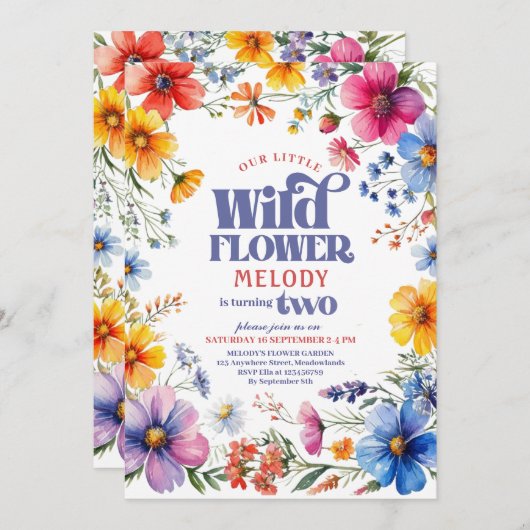 Two year old Wildflower 2nd birthday Invitation Kaart (Voorkant / Achterkant)