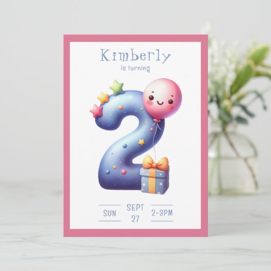 Two Years Old Simplistic Birthday Invitation Kaart (Staand voorkant)