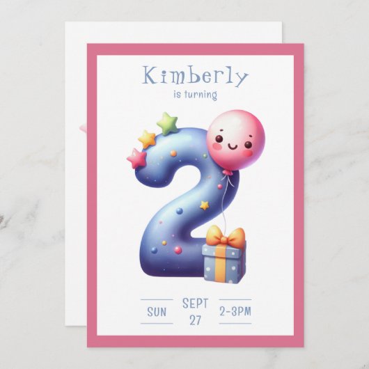 Two Years Old Simplistic Birthday Invitation Kaart (Voorkant / Achterkant)