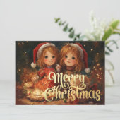 Two Young Girls Celebrating Christmas Kaart (Staand voorkant)