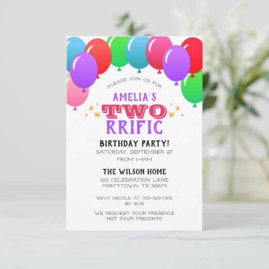 TWOrrific 2e verjaardag ballon banner paars Kaart (Staand voorkant)