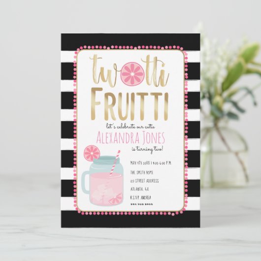 Twotti Fruitti Pink Lemon Black + White Birthday Kaart (Staand voorkant)