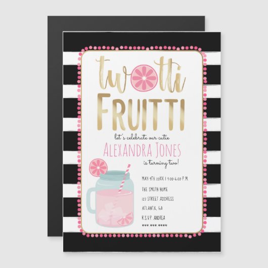 Twotti Fruitti Pink Lemon Black + White Birthday Magnetische Uitnodiging (Voorkant / Achterkant)
