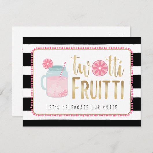 Twotti Fruitti Pink Lemon Black + White Birthday Uitnodiging Briefkaart (Voorkant / Achterkant)