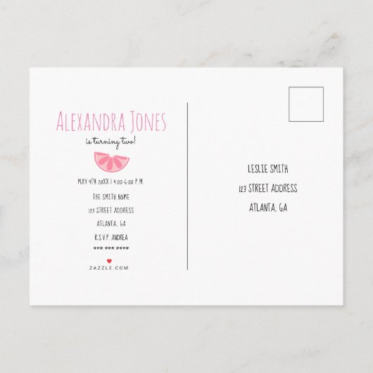 Twotti Fruitti Pink Lemon Black + White Birthday Uitnodiging Briefkaart (Achterkant)