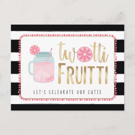 Twotti Fruitti Pink Lemon Black + White Birthday Uitnodiging Briefkaart (Voorkant)