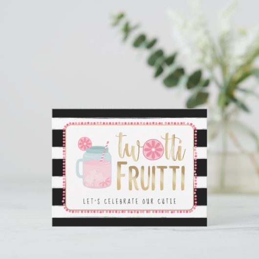 Twotti Fruitti Pink Lemon Black + White Birthday Uitnodiging Briefkaart (Staand voorkant)