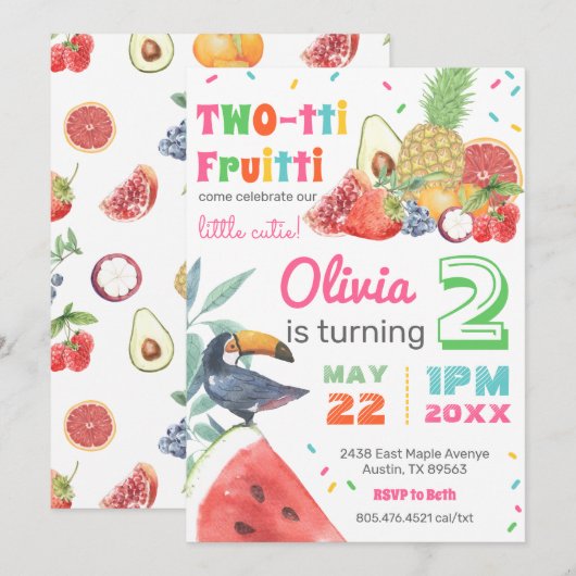 Twotti Fruitti Tropical Fruits Toucan Birthday Kaart (Voorkant / Achterkant)