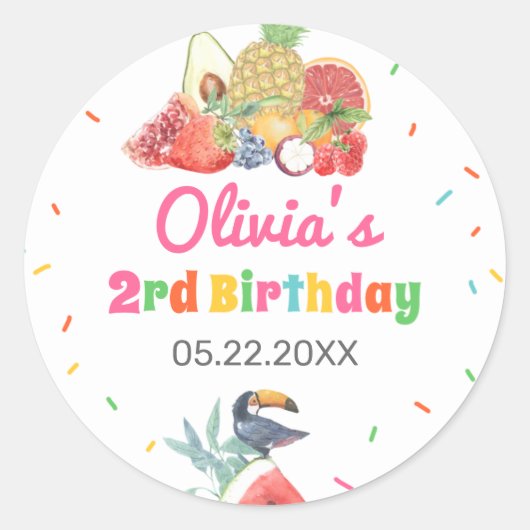 Twotti Fruitti Tropical Fruits Toucan Birthday Ronde Sticker (Voorkant)