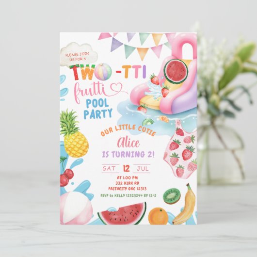 TWOtti Frutti 2e verjaardag Pool Party Kaart (Staand voorkant)