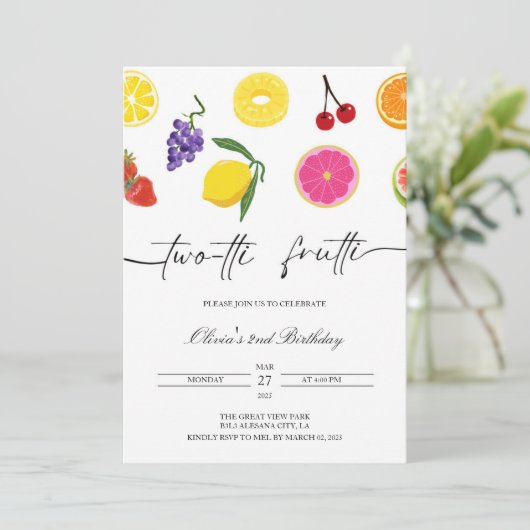 Twotti Frutti 2e verjaardag Uitnodiging Fruit Part (Staand voorkant)
