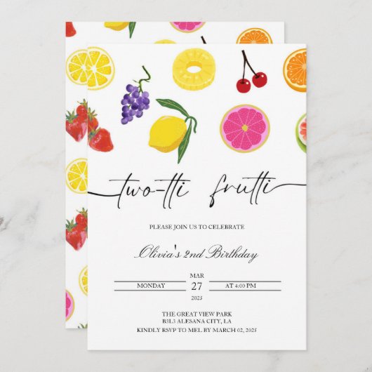 Twotti Frutti 2e verjaardag Uitnodiging Fruit Part (Voorkant / Achterkant)