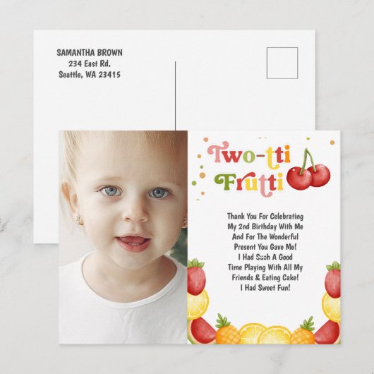 Twotti Frutti Fruity Tweede Verjaardag Bedankt Briefkaart (Voorkant / Achterkant)