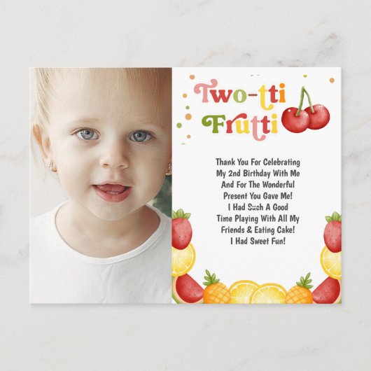 Twotti Frutti Fruity Tweede Verjaardag Bedankt Briefkaart (Voorkant)