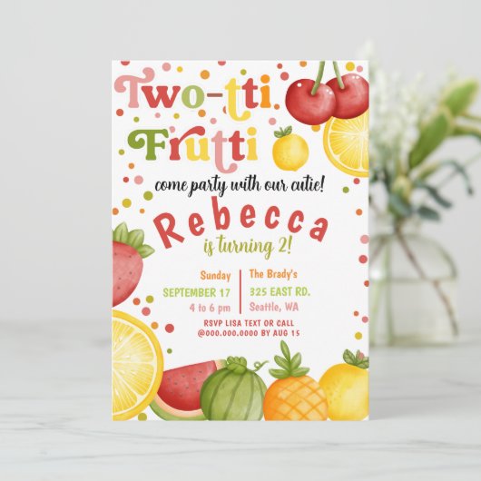 Twotti Frutti Fun Tweede Verjaardagsfeest Kaart (Staand voorkant)