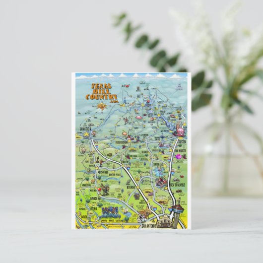 TX Hill Country Cartoon Map Briefkaart (Staand voorkant)