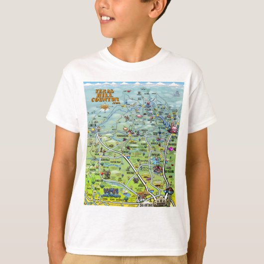 TX Hill Country Cartoon Map T-shirt (Voorkant)