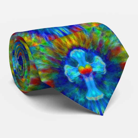 Tye Dye Blue Cross met hart Stropdas (Opgerold)