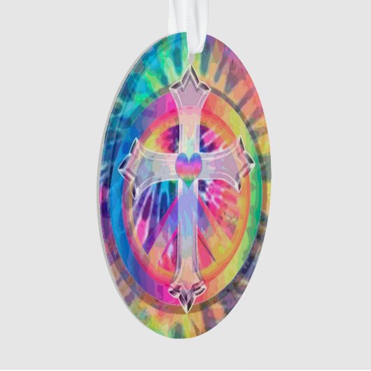 Tye Dye Cross met hart in het midden Ornament (voorkant)