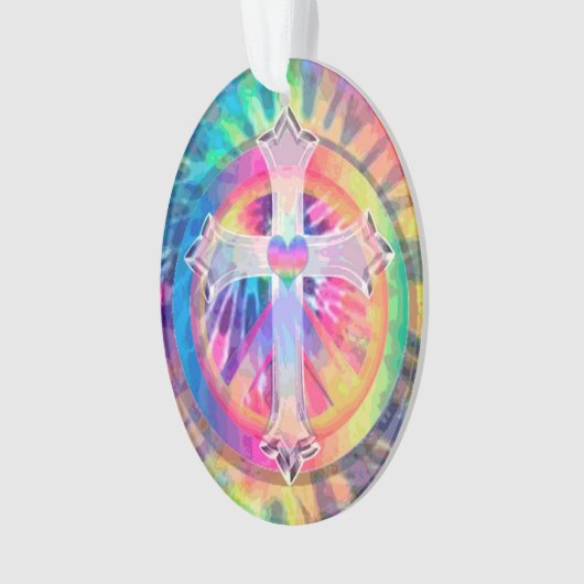 Tye Dye Cross met hart in het midden Ornament (voorkant)