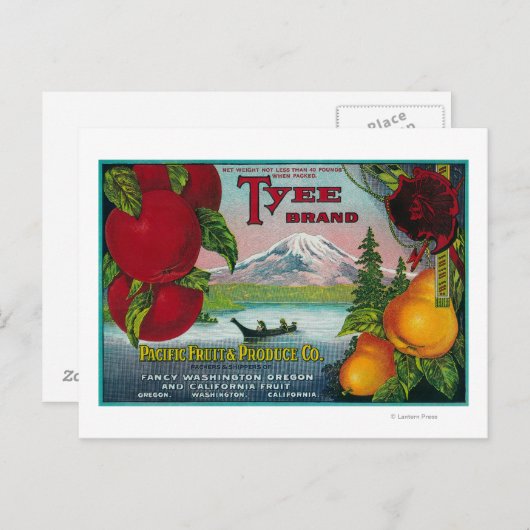 Tyee Pear Crate LabelWA, OR, en CA Briefkaart (Voorkant / Achterkant)