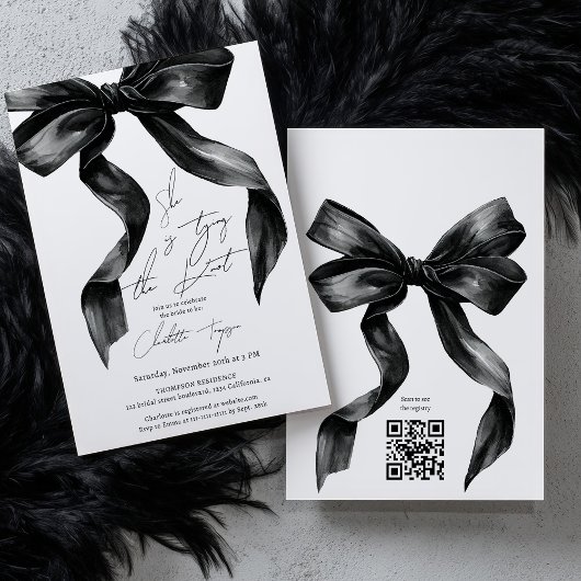 Tying Knot Black Coquette Bow Vrijgezellenfeest QR Kaart