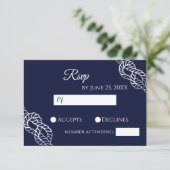 Tying The Knot Nautical Rope White & Navy Wedding RSVP Kaartje (Staand voorkant)