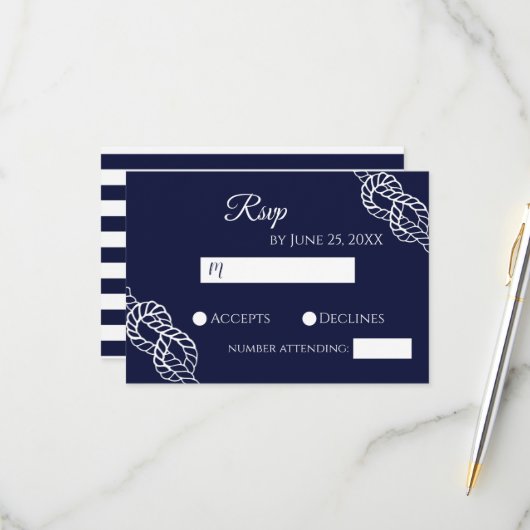 Tying The Knot Nautical Rope White & Navy Wedding RSVP Kaartje (Voorkant / Achterkant in situ)