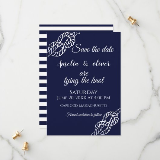 Tying The Knot Nautical Rope White & Navy Wedding Save The Date (Voorkant / Achterkant in situ)