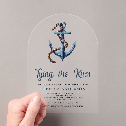 Tying the Knot Navy Blue Anchor Rope Bridal Shower Acryl Uitnodigingen (Insitu (Draagbaar))