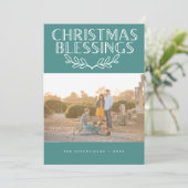 Type & hoest Moderne Blessings Blauwgroen foto Feestdagenkaart (Staand voorkant)