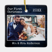 Typemachine Blauw hout Eerste kerstbruiloft Keramisch Ornament (Voorkant)