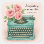  typemachine en roze rozen Waterverf Vierkante Sticker (Voorkant)