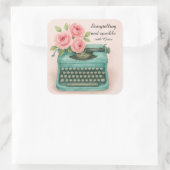  typemachine en roze rozen Waterverf Vierkante Sticker (Tas)