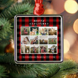 Typemachine Red Plaid Family Fotocollage Metalen Ornament<br><div class="desc">Eenvoudige rustieke foto collage ornament met minimalistische typemachine lettertype en rode plaid achtergrond. Voeg eenvoudig uw foto's en details toe voor een aangepast kerstornament.</div>