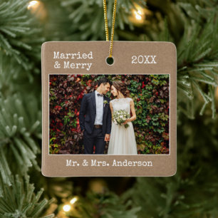 Typemachine Tekst gehuwd Merry Wedding Kraft Foto Keramisch Ornament