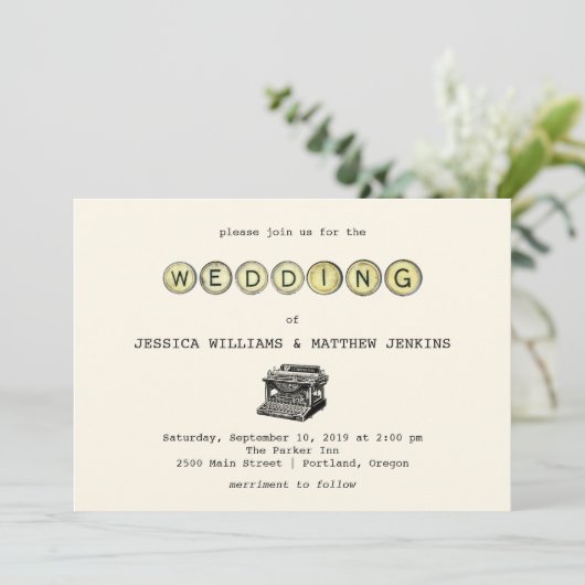 Typewriter bruiloft uitnodiging (Staand voorkant)