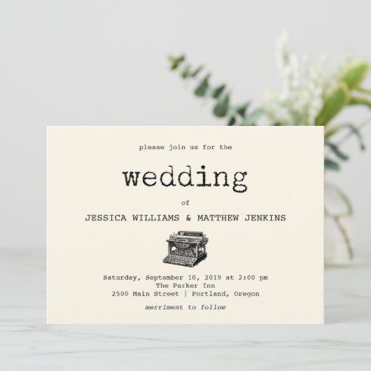Typewriter en Tekst bruiloft uitnodiging (Staand voorkant)