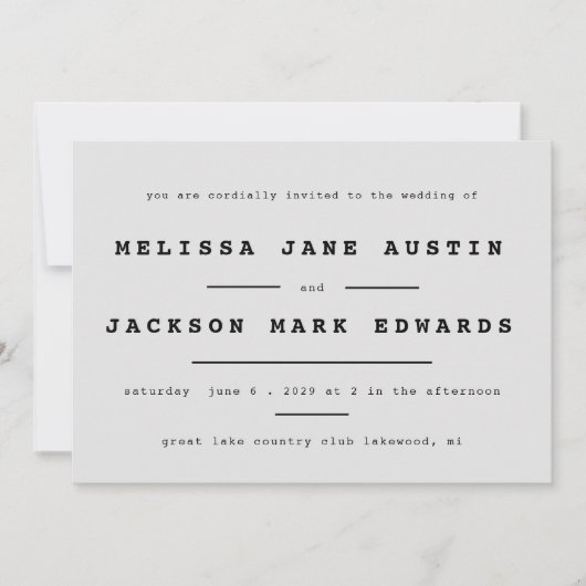 Typewriter Minimalisme Stone Grey Wedding Kaart (Voorkant)