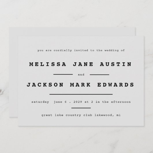 Typewriter Minimalisme Stone Grey Wedding Kaart (Voorkant / Achterkant)