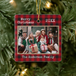 Typewriter Tekst Merry Christmas Photo Kraft Plaid Keramisch Ornament