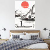 typical Japanese mountain landscape in hand-drawn Canvas Afdruk (Insitu (Slaapkamer))