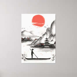typical Japanese mountain landscape in hand-drawn Canvas Afdruk