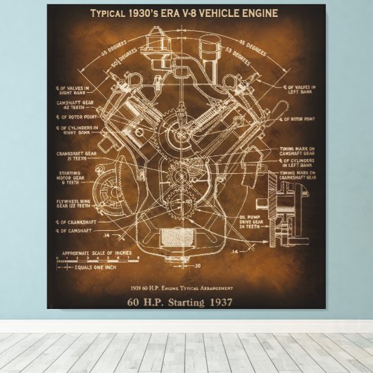 Typische 1930's ERA V-8 Motor Blauwdruk Canvas Afdruk (Insitu (Houten vloer))