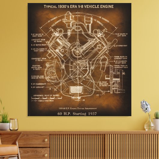 Typische 1930's ERA V-8 Motor Blauwdruk Canvas Afdruk (Insitu (Woonkamer))