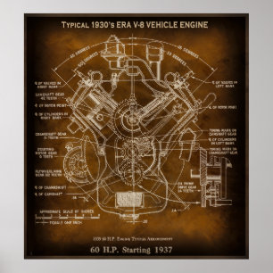 Typische 1930's ERA V-8 Motor Blauwdruk Poster