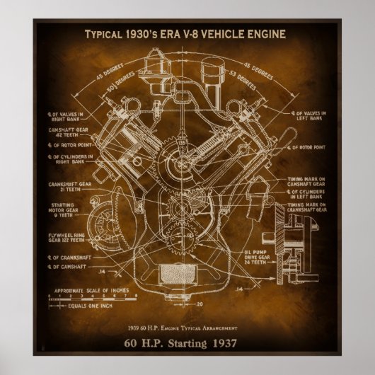 Typische 1930's ERA V-8 Motor Blauwdruk Poster (Voorkant)